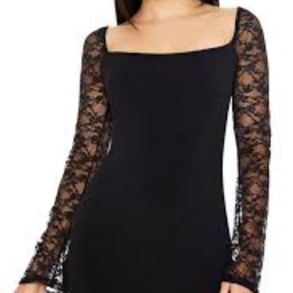 Forever 21 Black Bodycon Mini Dress with Long Lace Sleeves, Stretch Size Small - Picture 2 of 5